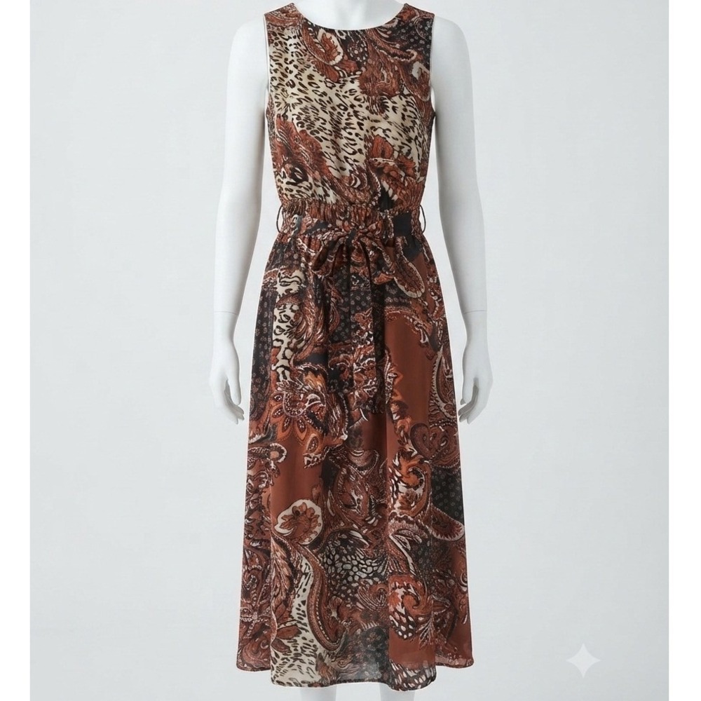 Ryan Michelle Mixed Paisley Leopard Print Midi Dress Rust Brown Sleeveless Small
